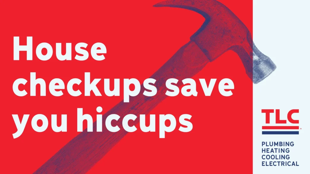 How checkups save you hiccups. Hammer on red and light blue background.