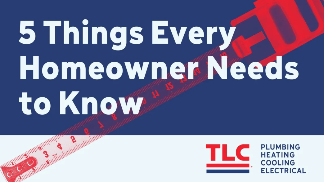 5 Things Every Homeowner Needs to Know. Red tape measure on blue background.